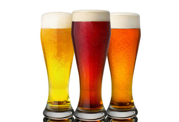 Three glasses of beer with foam on top
