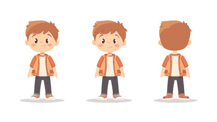 Obraz premium Cute cartoon boy character front side back view standing smiling toddler kid wearing orange jacket and casual clothes flat vector illustration