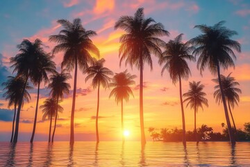 Tall palm trees silhouetted against a vibrant orange and pink sunset over calm ocean waters with a small island in the background