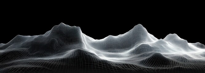 3D wireframe landscape representing mountainous terrain with peaks and valleys on a black background conveying a futuristic digital modeling concept