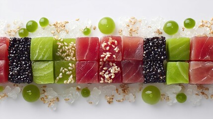 Cubed fish, caviar, & green spheres arrayed on crushed ice in a minimalist style