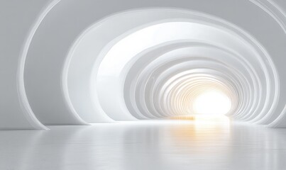 Bright futuristic white tunnel with smooth curved arches and glowing light at the end, creating a serene and expansive atmosphere