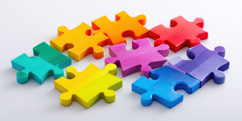Colorful puzzle pieces arranged on white background symbolize teamwork and collaboration. vibrant colors create sense of unity and creativity, highlighting concept of working together