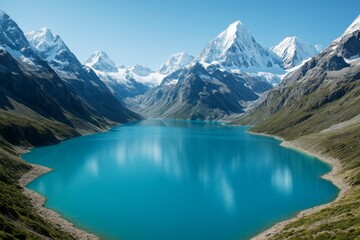 Majestic mountain landscape with turquoise lake under clear blue sky surrounded by snow-capped peaks and lush valleys in bright daylight. Ai generative