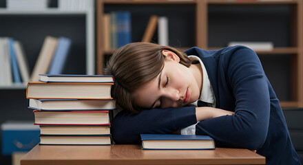 A Girl Sleeping On A Pile Of Books