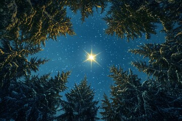 Shining star in snowy fir trees during blue hour winter Christmas night, Star Tail