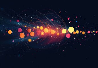 Abstract digital visualization of interconnected glowing orbs and swirling light trails on dark background evoking cosmic energy and flow