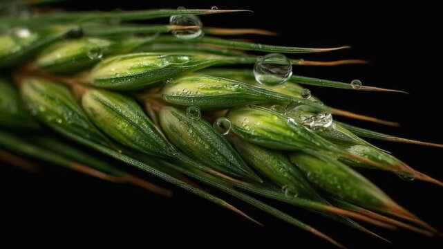 Close-up of a dew-covered green plant, showcasing the intricate details of its structure and the glistening water droplets