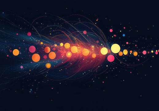 Abstract digital visualization of interconnected glowing orbs and swirling light trails on dark background evoking cosmic energy and flow