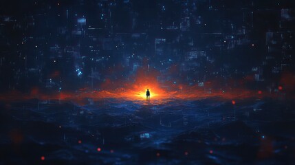 A solitary figure stands illuminated by a warm glowing light in a vast dark digital landscape with abstract blue and orange pixelated patterns, evoking isolation and contemplation