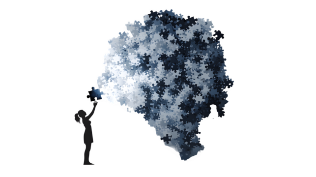 Silhouette of a person holding a puzzle piece fitting into a brain shape, isolated on transparent background - Powered by Adobe