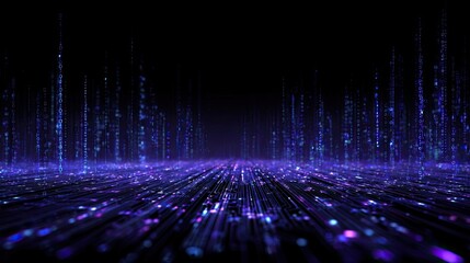 Abstract digital landscape,  violet and blue glowing particles, lines, and columns on black background