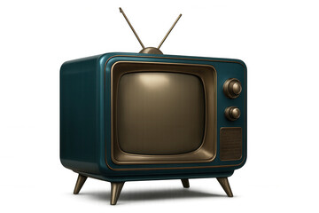 Retro turquoise television displaying vintage aesthetic, featuring golden accents and classic rabbit ear antennas against transparent backdrop