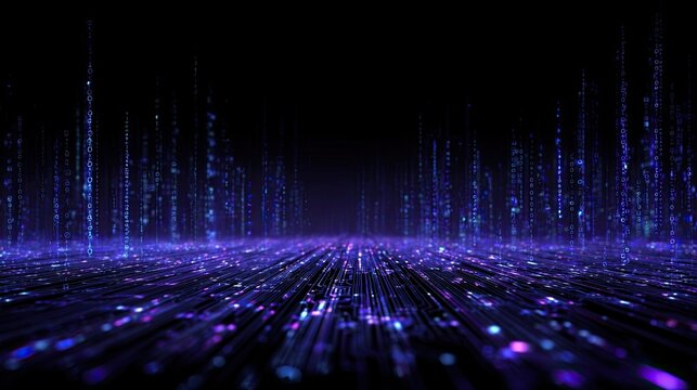 Abstract digital landscape,  violet and blue glowing particles, lines, and columns on black background