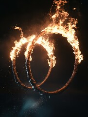 Two large circular hoops engulfed in bright, intense flames glowing vividly against a dark background, conveying energy and motion