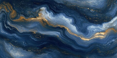 abstract dark blue and gold marbled texture with swirling patterns resembling fluid waves and cosmic clouds