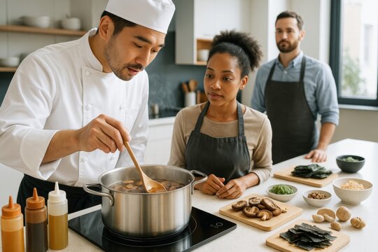 Professional chef teaching two students cooking techniques in a modern kitchen with ingredients on counter and bright natural light background. Ai generative