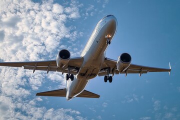 Obraz premium Commercial airplane flying overhead against a blue sky with scattered clouds, capturing the underside and landing gear with clear sunlight reflecting off the fuselage