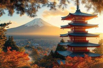 Fototapeta premium Traditional five-tiered pagoda surrounded by autumn trees overlooking a cityscape with a snow-capped mountain in the background during golden hour