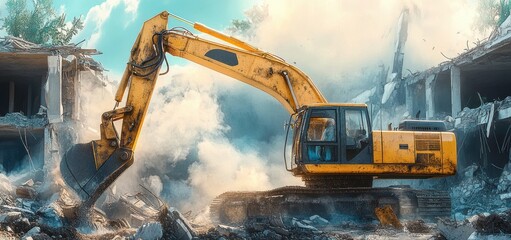 Yellow excavator demolishing a concrete building amidst dust and rubble under a bright sky