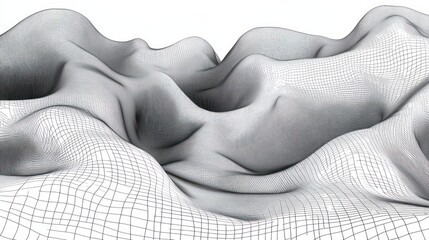 Abstract 3D mesh grid with flowing, wavy surface resembling undulating hills or fabric folds in smooth grayscale