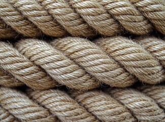 Close-up view of thick beige twisted natural fiber ropes arranged horizontally and tightly packed
