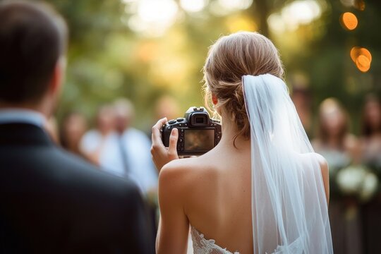 Bride with a veil holding a camera at an outdoor wedding ceremony with guests blurred in the background during golden hour - Powered by Adobe