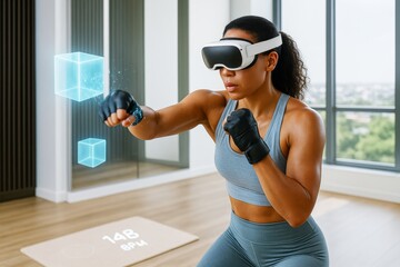 Woman practicing virtual boxing with VR headset in modern room, engaging with holographic cubes and bpm display during workout. Ai generative