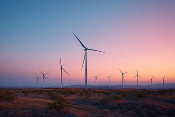 Obraz premium Wind turbines standing tall on a grassy plain during a colorful sunset under a clear sky