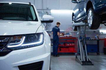 Car repair shop featuring a white car front, mechanic, and lifted blue vehicle