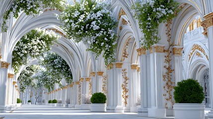 Naklejka premium Serene White Architectural Concept with Floral Accents in Anime Style