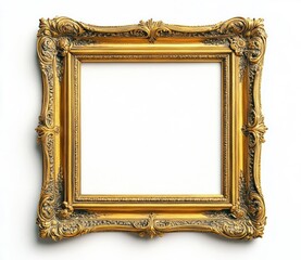 ornate empty golden picture frame with intricate carved floral and scroll details isolated on white background