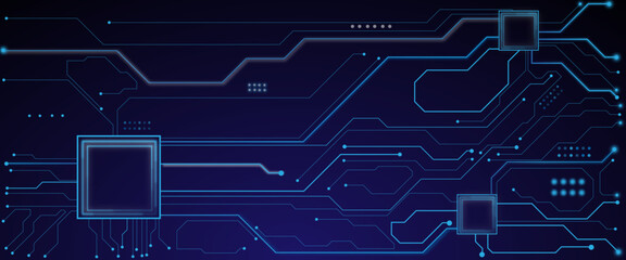 Vector brightly glowing AI chip on light circuit board on technology blue background. CPU processor or semiconductor on tech bg. 