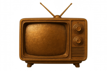 Golden vintage television with antenna on transparent background, symbolizing nostalgia, old-fashioned entertainment, and the history of broadcasting