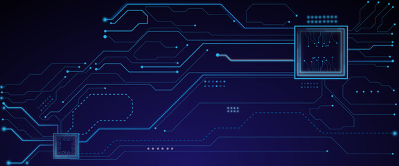 Vector Quantum CPU AI Chip on Blue Circuit Board Background. Light Gloving Computer Core and Circuit Components.