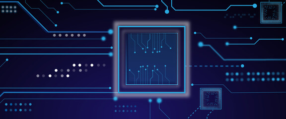 Vector brightly glowing AI chip on light circuit board on technology blue background. CPU processor or semiconductor on tech bg. 