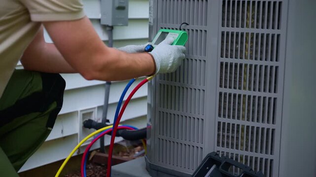 HVAC service worker diagnoses or repairs air conditioner compressor. HVAC Maintenance Service process. Cloese up