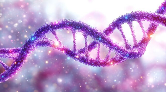 close-up view of two intertwined dna double helixes composed of glowing purple particles with bright light effects on a soft blurred background - Powered by Adobe