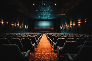 Empty movie theater interior, dark, rows of seats