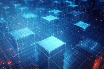 Glowing blue digital grid with interconnected translucent cubes creating a futuristic network and data visualization ambiance