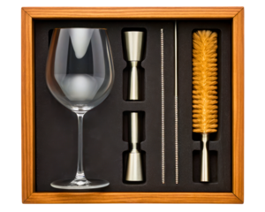 Cocktail-making bartender tool set in a wooden gift box on a transparent background