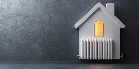 Obraz premium White house-shaped radiator mounted on a dark textured wall with a warm orange light glowing from an arched window, symbolizing warmth and comfort indoors