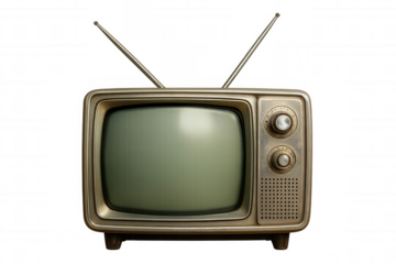 Vintage television displaying rabbit ear antennas, representing nostalgic broadcasting technology against transparent backdrop