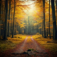 Fototapeta premium Pathway Through a Golden Autumn Forest A Scenic Fall Foliage Vista
