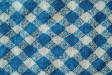 Fototapeta premium Close-up of textured fabric with blue and beige diamond plaid pattern creating a woven appearance