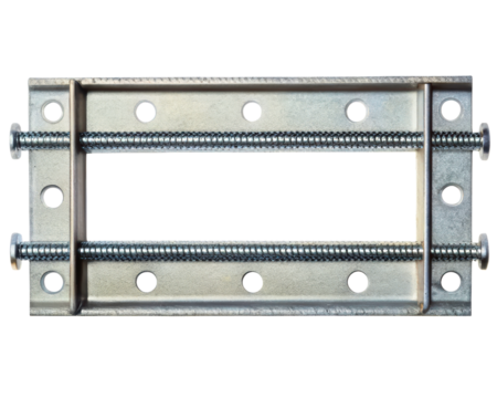 Metal industrial mounting bracket with threaded bolts for fastening on a transparent background
