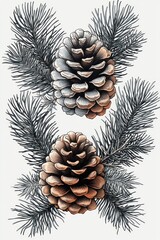 Fototapeta premium Close up detailed illustration of two pine cones surrounded by pine needles in natural earthy tones