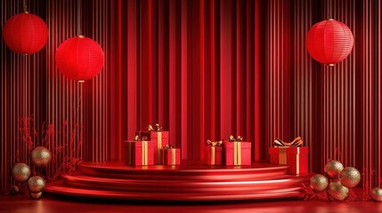Red stage with gift boxes wrapped in red and gold ribbons, red hanging lanterns, golden decorative spheres, and tall red vertical stripes background creating an elegant festive atmosphere