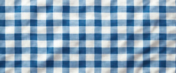 Blue and white checkered fabric texture with a gingham pattern and subtle folds creating a soft and casual textile surface