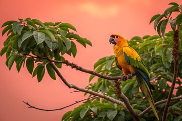 Obraz premium Colorful Parrot on Tree Branch with Golden Sunset Background